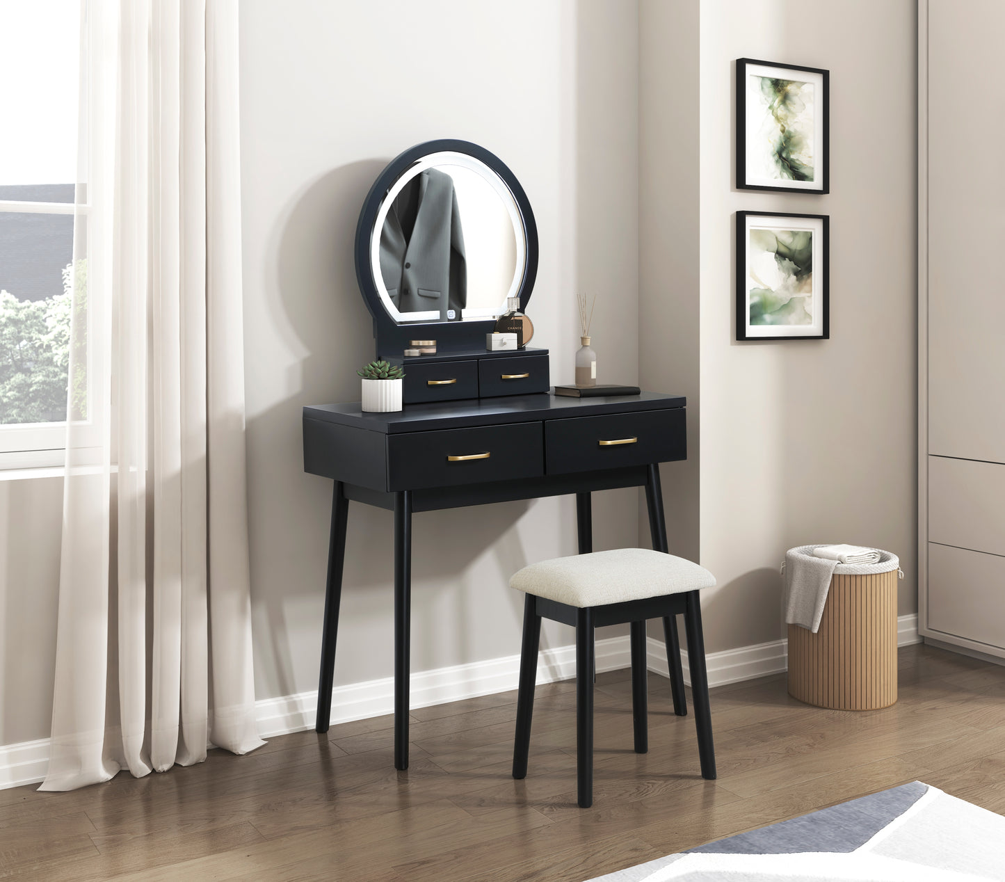 4565BK - Vanity Dresser with Mirror and Stool