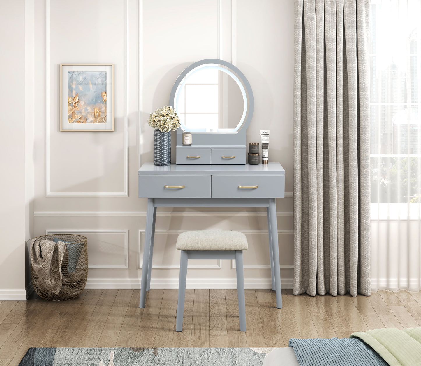 4565GY - Vanity Dresser with Mirror and Stool