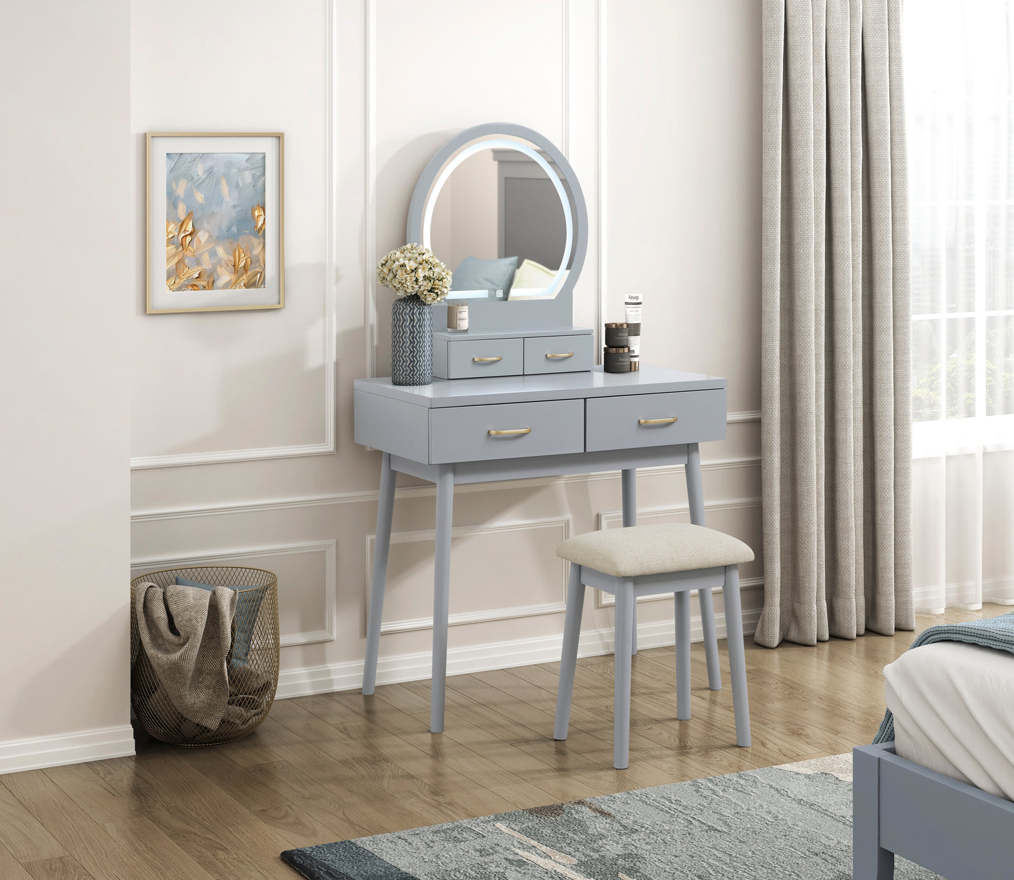 4565GY - Vanity Dresser with Mirror and Stool