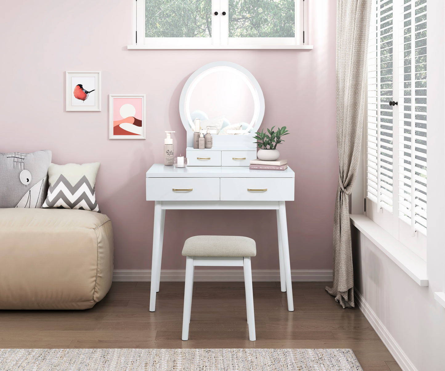 4565WH - Vanity Dresser with Mirror and Stool