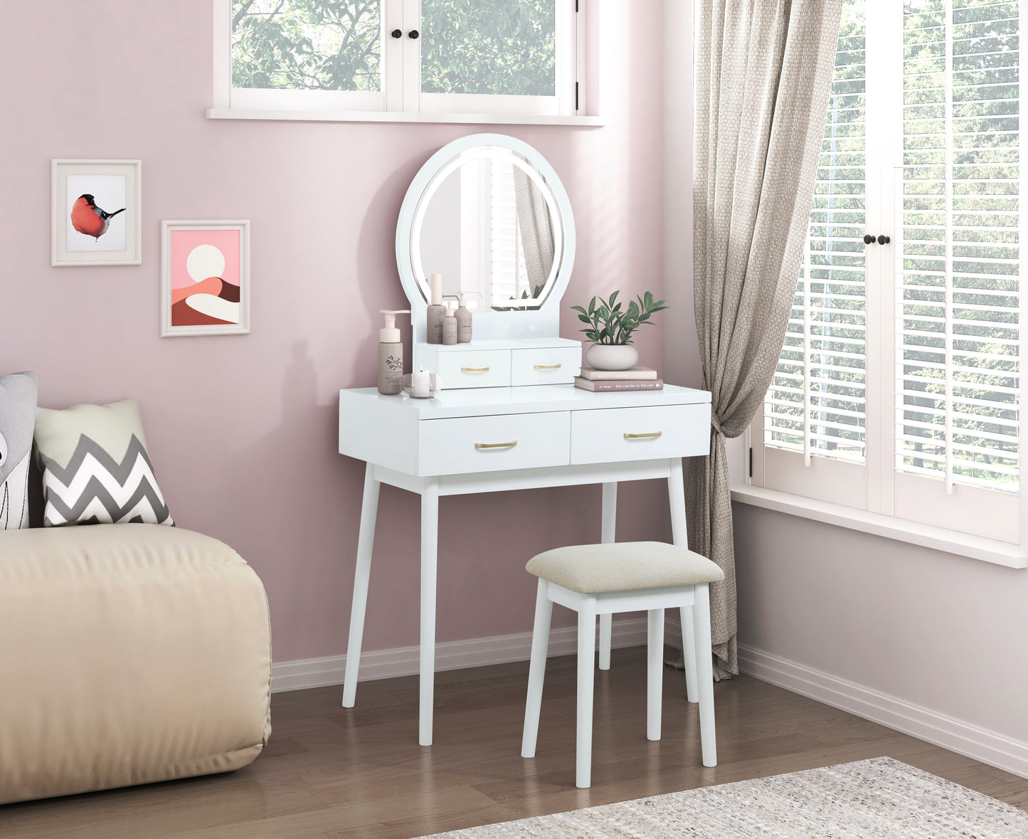4565WH - Vanity Dresser with Mirror and Stool