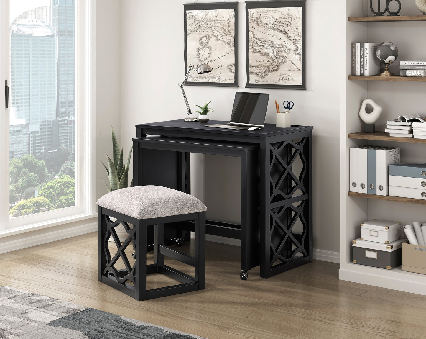 4998BLK - 3-Piece Pack Desks with Stool Set