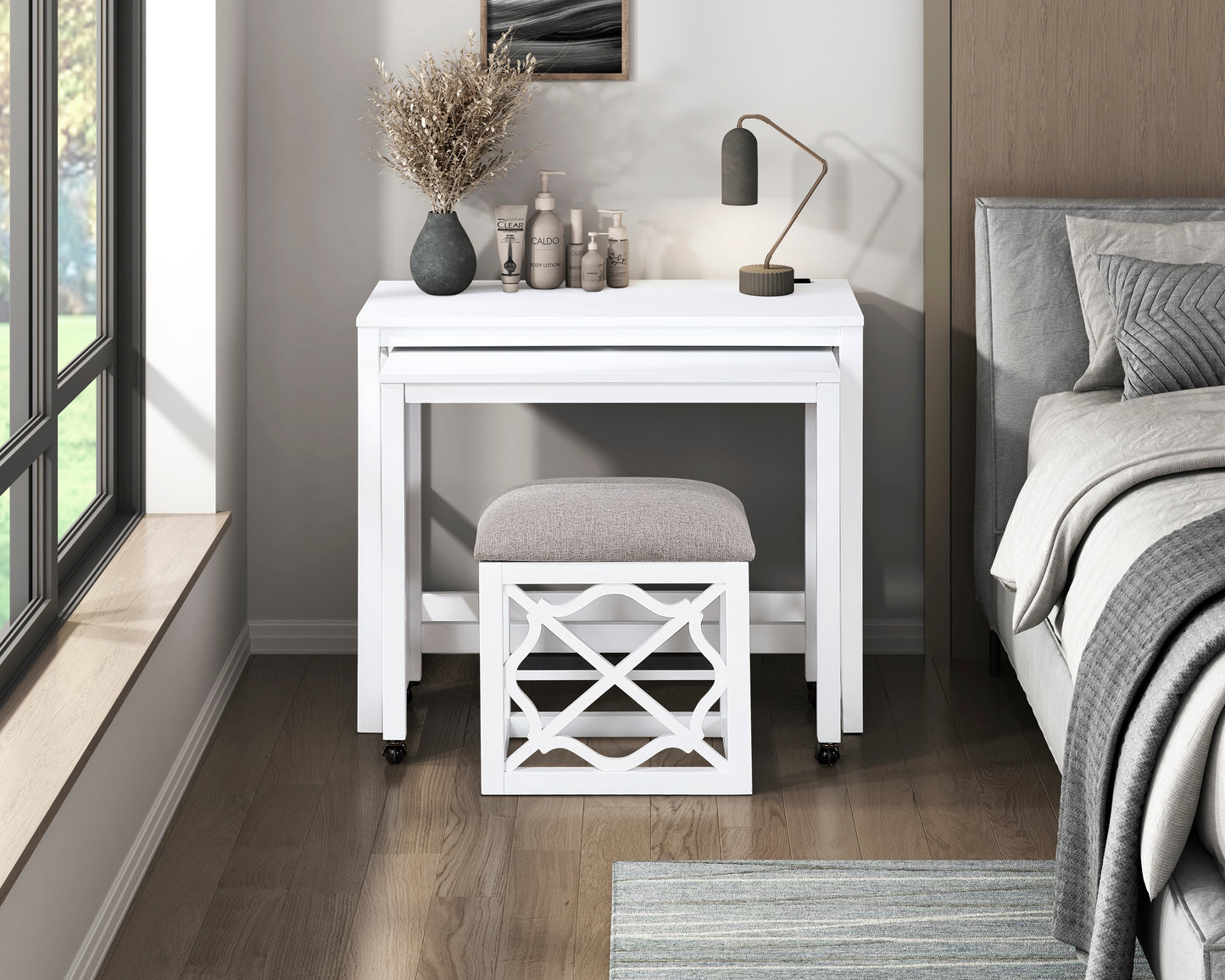 4998WHT - 3-Piece Pack Desks with Stool Set