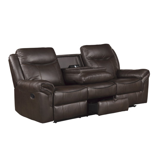 8206BRW-3 - Double Reclining Sofa with Center Drop-Down Cup Holders, Receptacles, Hidden Drawer and USB Ports