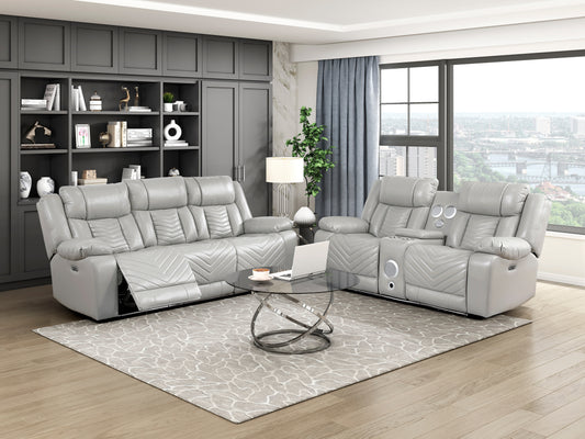 8457GRY-2PW - Power Double Reclining Love Seat with Center Console, Wireless Speakers, LED and Charging Ports