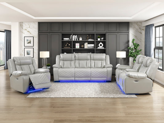 8457GRY-3PW - Power Double Reclining Sofa with Center Drop-Down Cup Holders, Wireless Charger, Magazine Bag, LED and Charging Ports