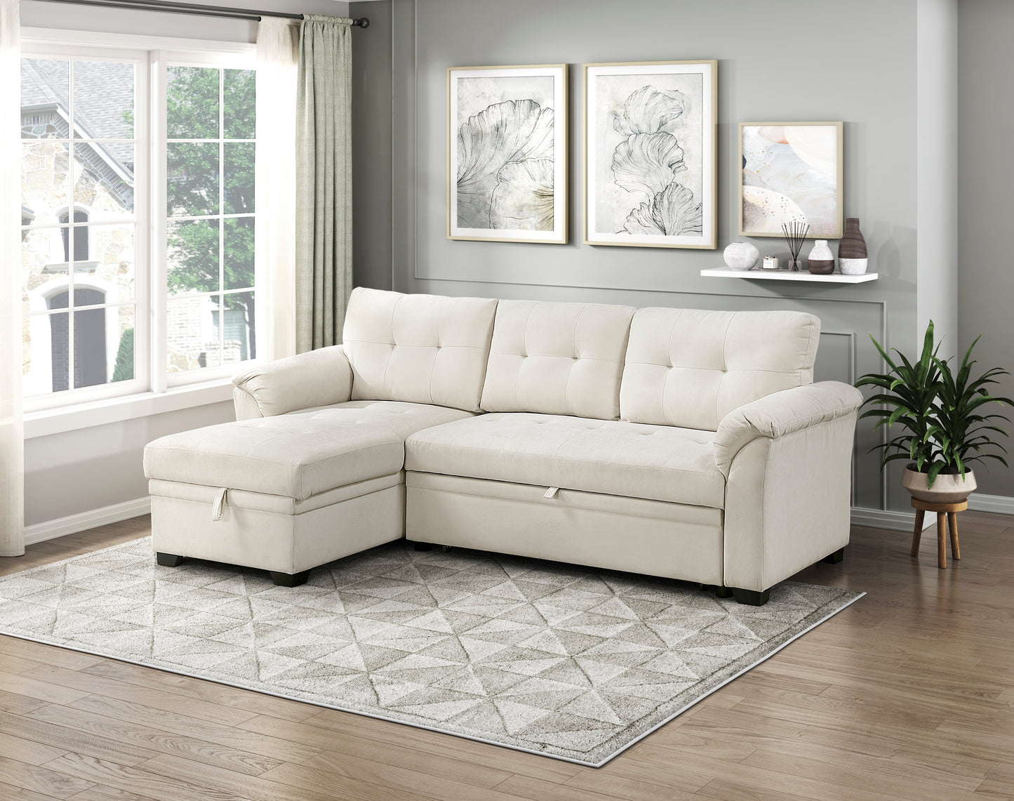 8477BEG*SC - (3)2-Piece Reversible Sectional with Reversible Chaise, Hidden Storage and Pull-out Bed