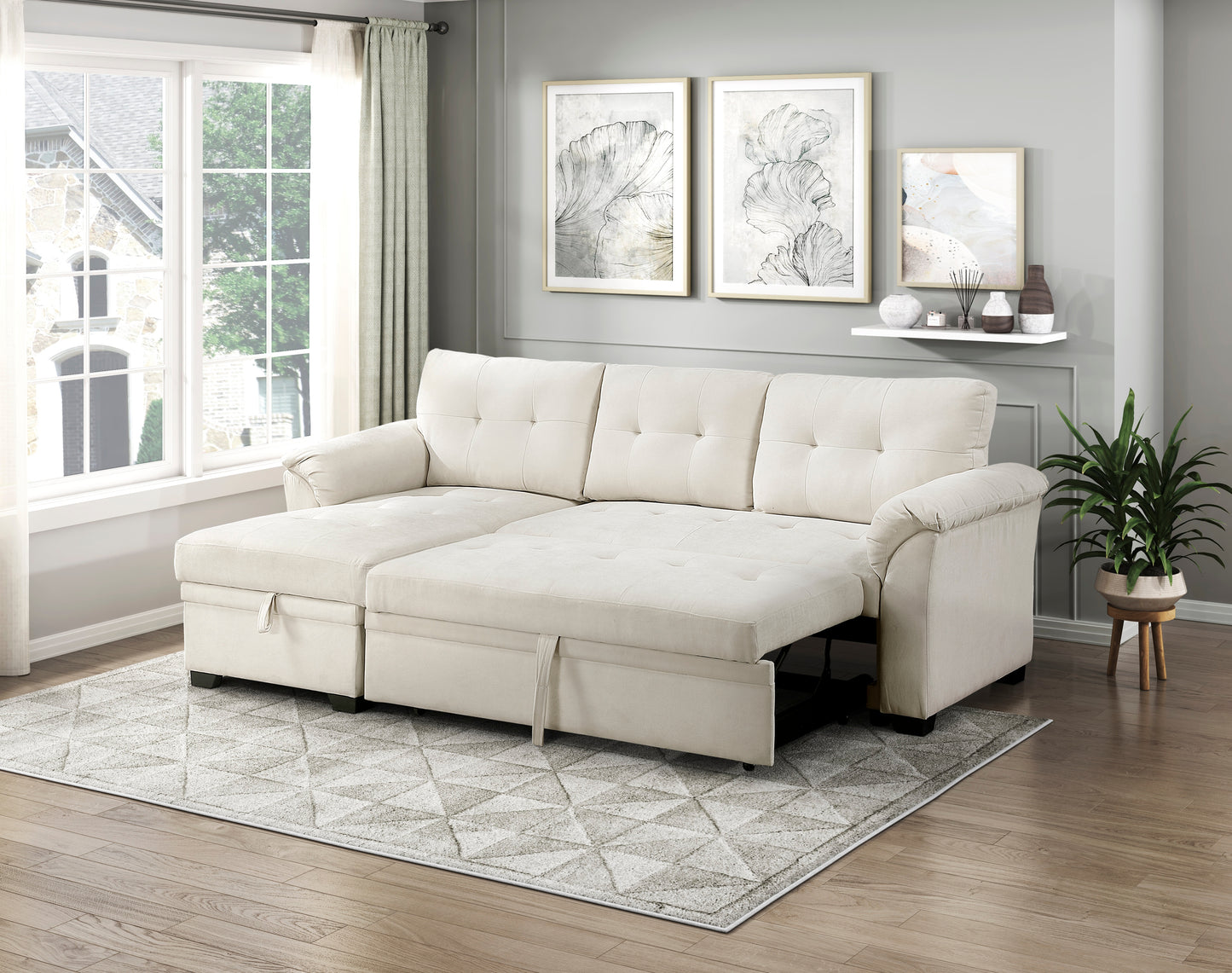8477BEG*SC - (3)2-Piece Reversible Sectional with Reversible Chaise, Hidden Storage and Pull-out Bed