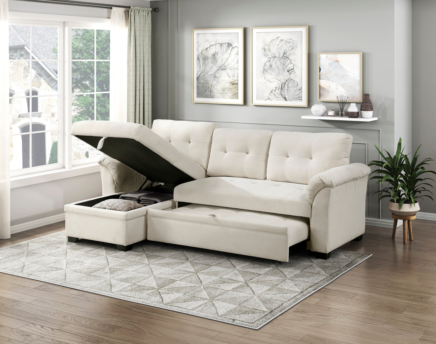 8477BEG*SC - (3)2-Piece Reversible Sectional with Reversible Chaise, Hidden Storage and Pull-out Bed