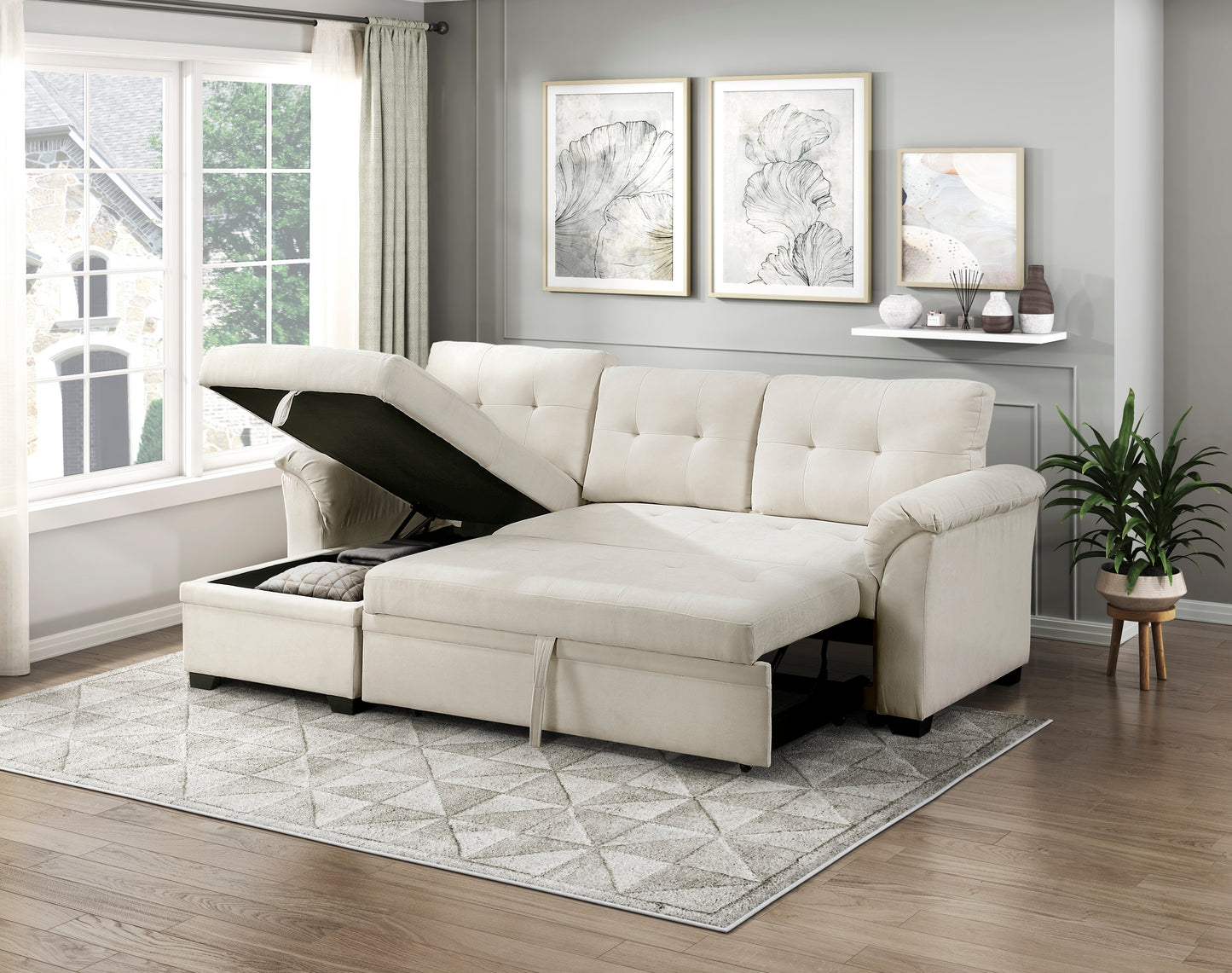 8477BEG*SC - (3)2-Piece Reversible Sectional with Reversible Chaise, Hidden Storage and Pull-out Bed