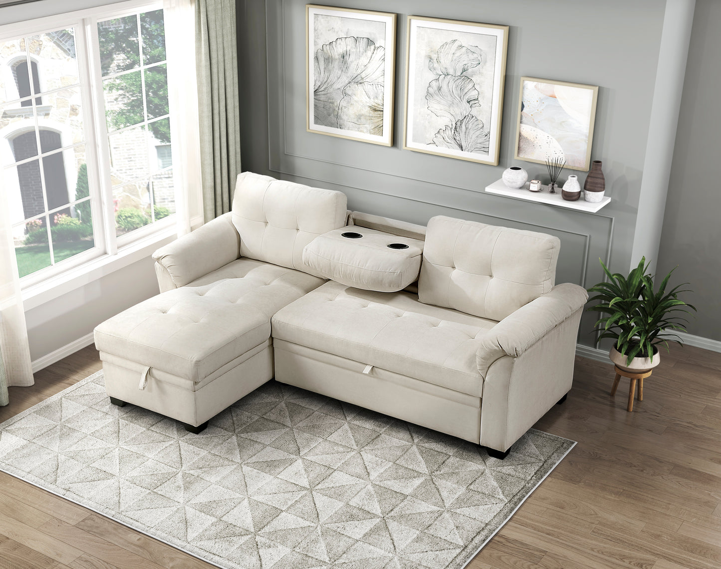 8477BEG*SC - (3)2-Piece Reversible Sectional with Reversible Chaise, Hidden Storage and Pull-out Bed