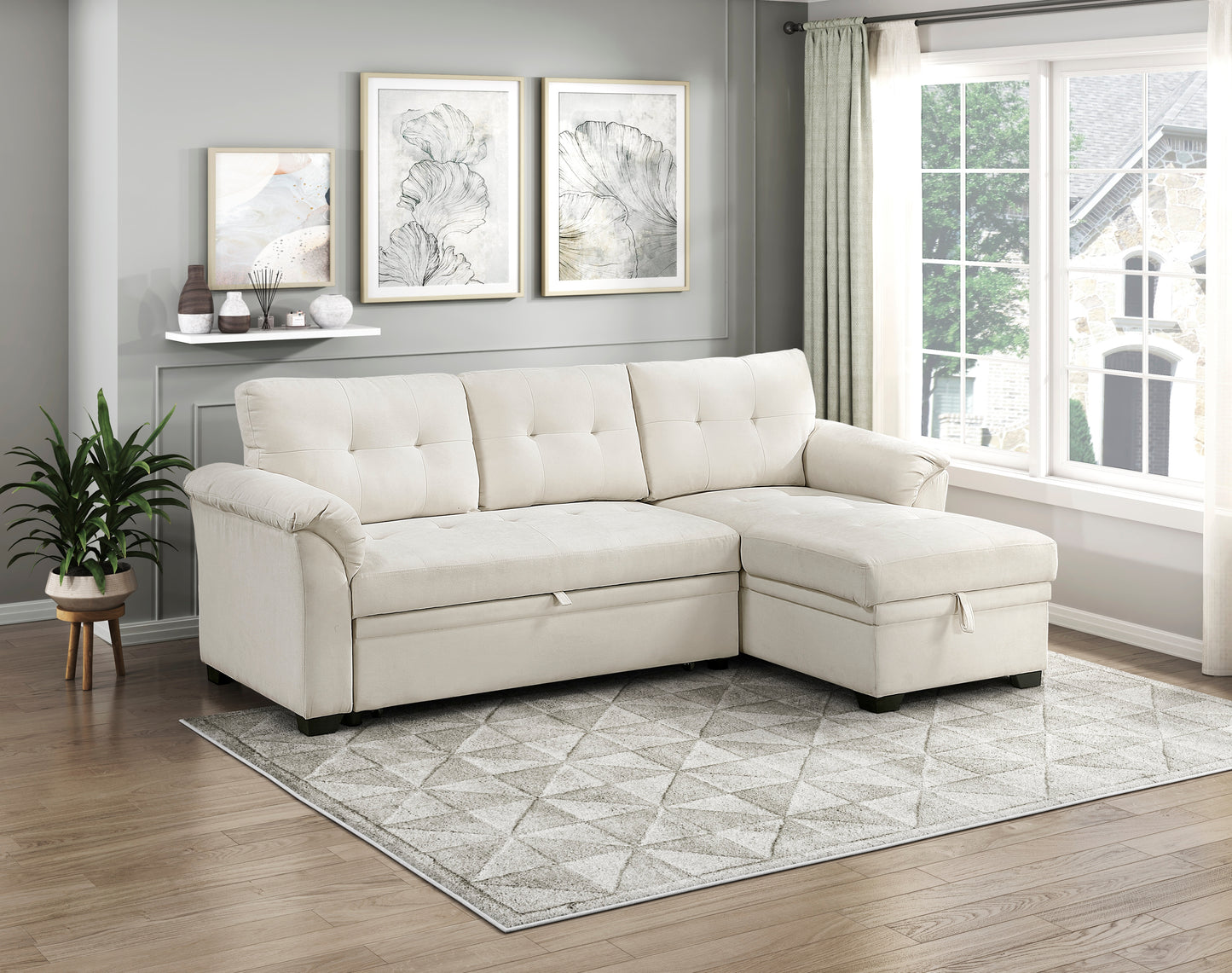 8477BEG*SC - (3)2-Piece Reversible Sectional with Reversible Chaise, Hidden Storage and Pull-out Bed