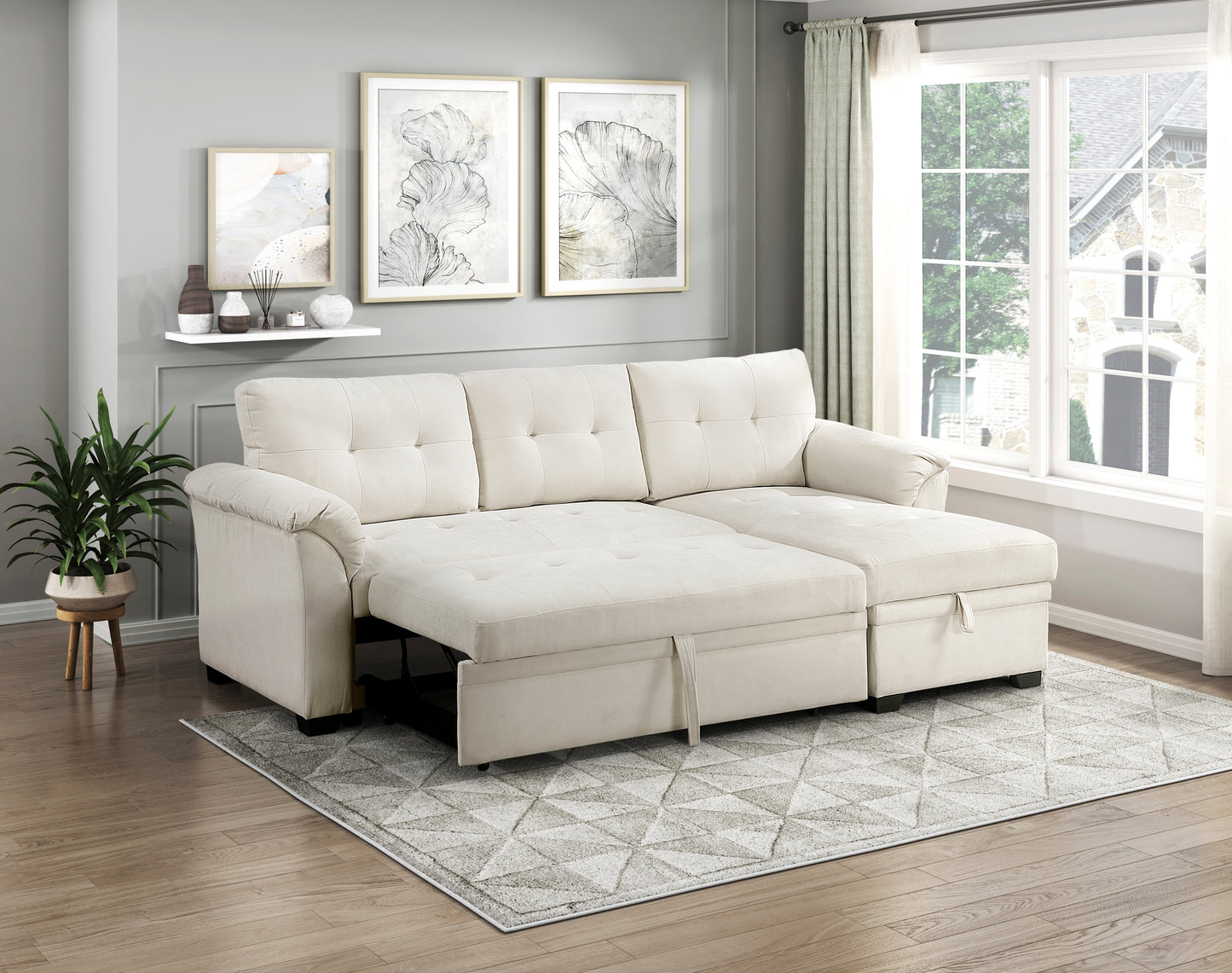 8477BEG*SC - (3)2-Piece Reversible Sectional with Reversible Chaise, Hidden Storage and Pull-out Bed