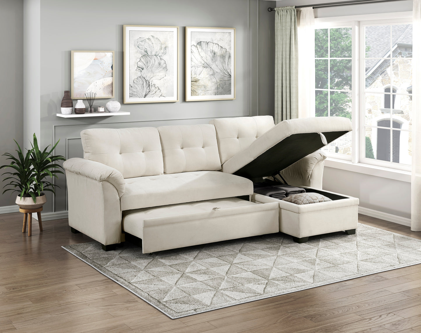 8477BEG*SC - (3)2-Piece Reversible Sectional with Reversible Chaise, Hidden Storage and Pull-out Bed