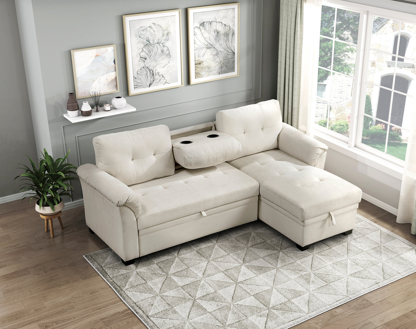 8477BEG*SC - (3)2-Piece Reversible Sectional with Reversible Chaise, Hidden Storage and Pull-out Bed