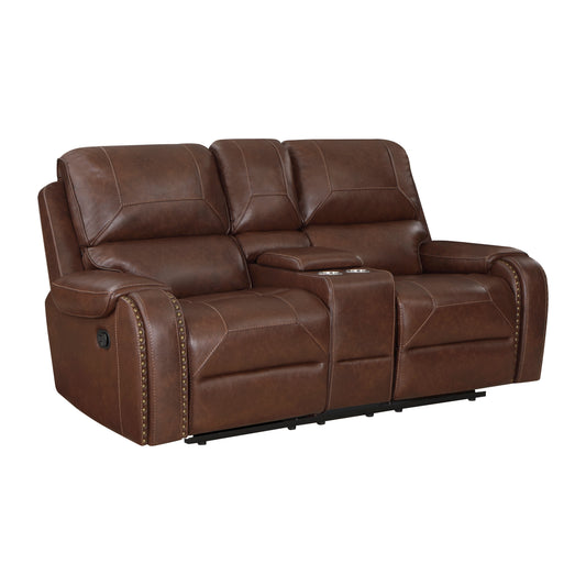 8549BRW-2 - Double Glider Reclining Love Seat with Center Console, Receptacles and USB Ports