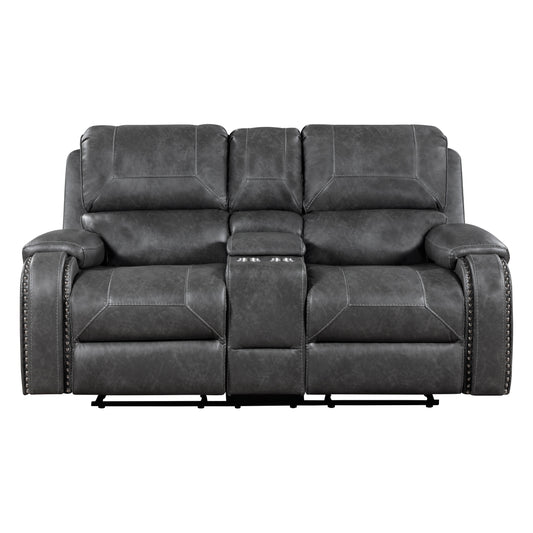 8549GRY-2 - Double Glider Reclining Love Seat with Center Console, Receptacles and USB Ports