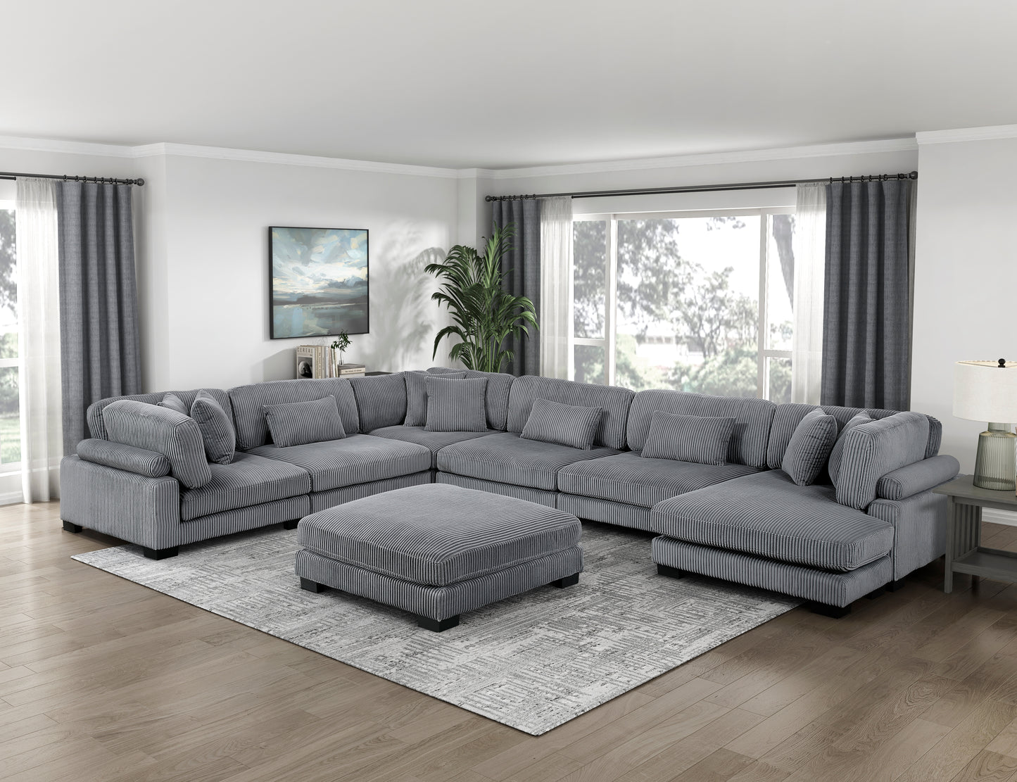 8555GY*2CR3ACVCOT - (7)7-Piece Modular Sectional with Reversible Chaise and Ottoman