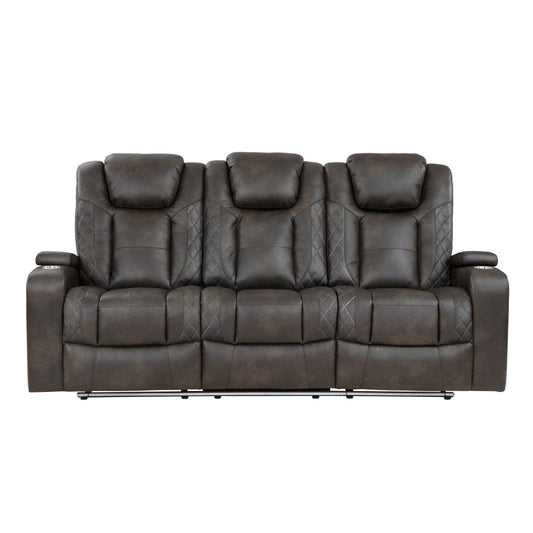 9211BRG-3PWH - Power Double Reclining Sofa with Center Drop-Down Cup Holders, Power Headrests, Storage Arms and Cup holders