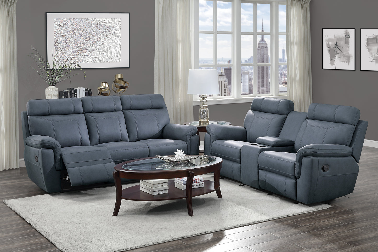 9301BUE-3 - Double Reclining Sofa with Center Drop-Down Cup Holders
