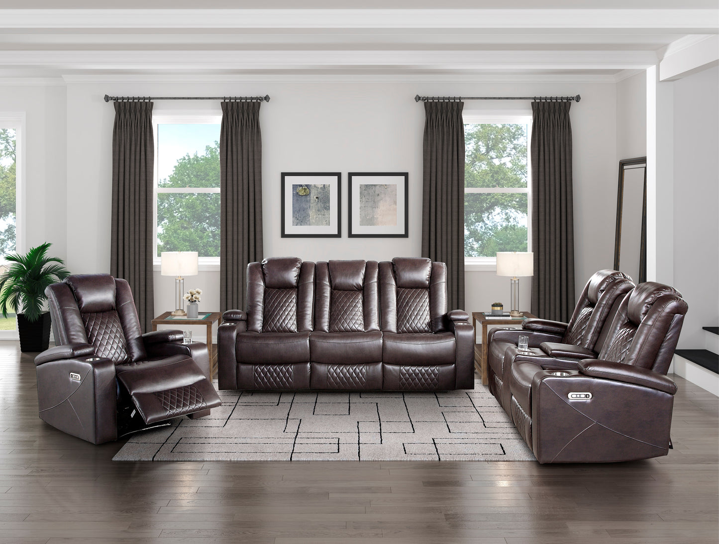9366DB-3PWH - Power Double Reclining Sofa with Center Drop-Down Cup Holders, Power Headrests, Storage Arms, Cup holders and Reading Lights