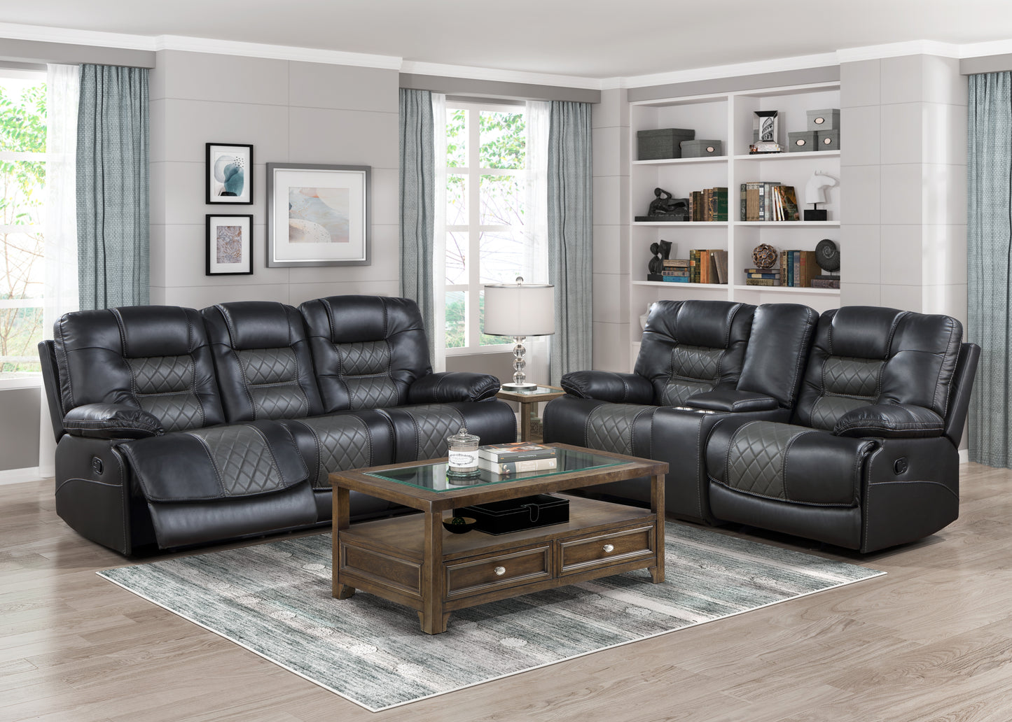 9388GRY-3 - Double Reclining Sofa with Center Drop-Down Cup Holders, Receptacles and USB Ports