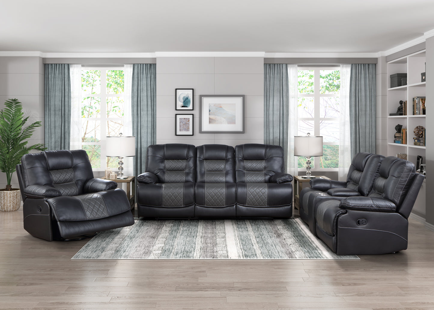 9388GRY-3 - Double Reclining Sofa with Center Drop-Down Cup Holders, Receptacles and USB Ports