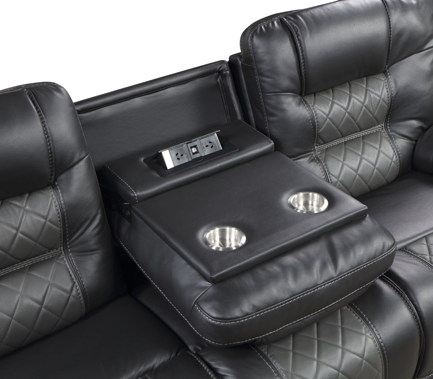 9388GRY-3 - Double Reclining Sofa with Center Drop-Down Cup Holders, Receptacles and USB Ports