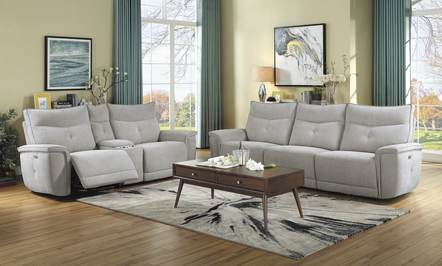 9509MGY-3PWH* - (3)Power Double Reclining Sofa with Power Headrests and USB Ports