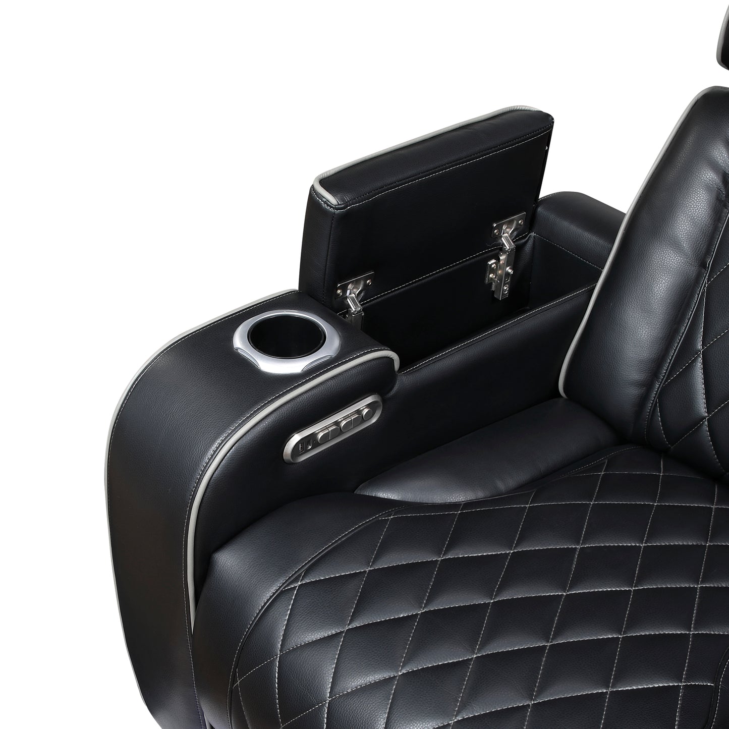 9516BLK-3PWH - Power Double Reclining Sofa with Center Drop-Down Cup Holders, Power Headrests, Storage Arms(Top and Side), Cup holders and Reading Lights, Two Wireless Chargers, Charging Ports and LED Lighting
