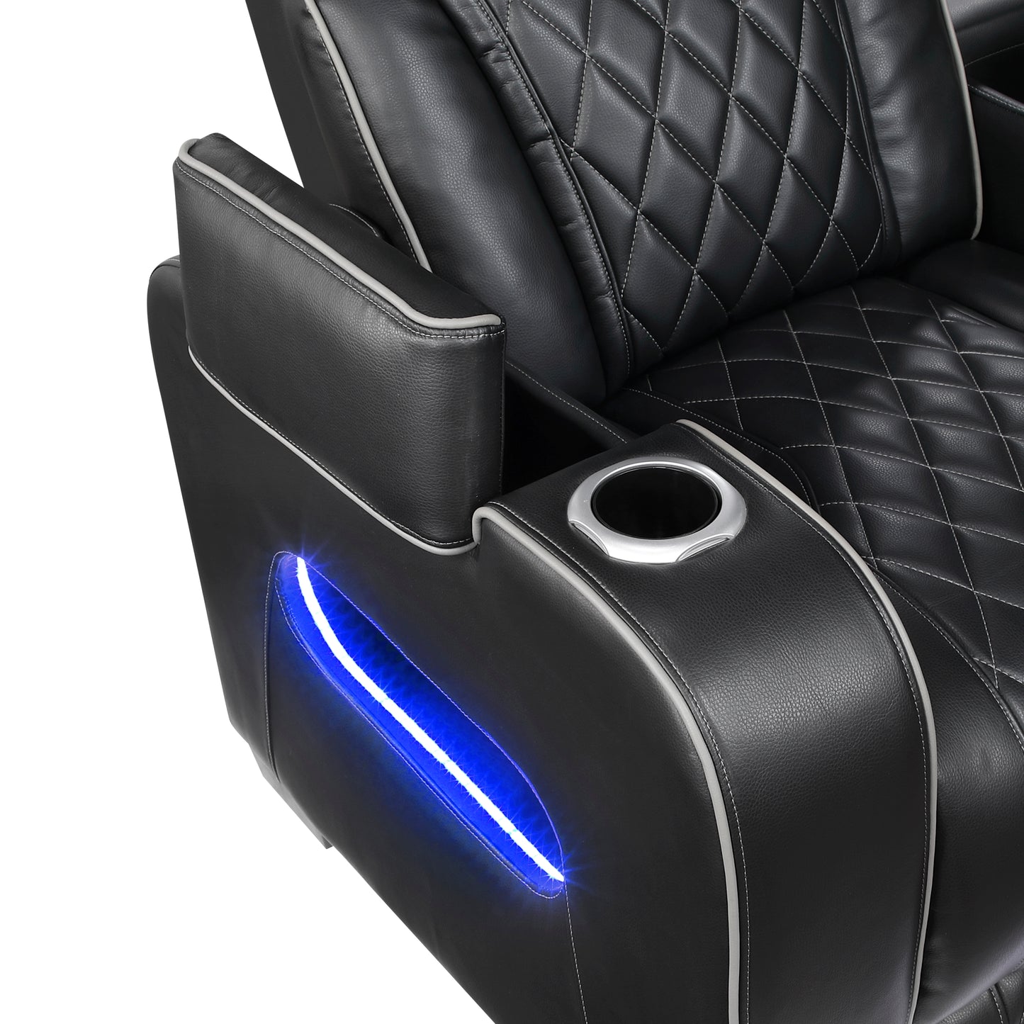 9516BLK-3PWH - Power Double Reclining Sofa with Center Drop-Down Cup Holders, Power Headrests, Storage Arms(Top and Side), Cup holders and Reading Lights, Two Wireless Chargers, Charging Ports and LED Lighting