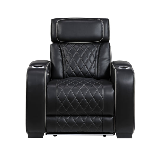 9516BLK-1PWH - Power Reclining Chair with Power Headrest, Cup holders and Storage Arms(Top and Side), Charging Ports and LED lighting