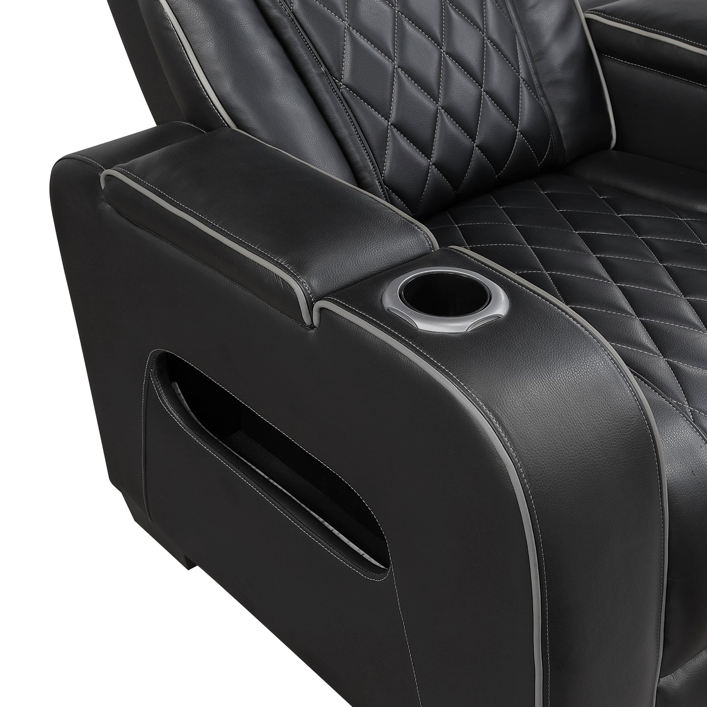 9516BLK-3PWH - Power Double Reclining Sofa with Center Drop-Down Cup Holders, Power Headrests, Storage Arms(Top and Side), Cup holders and Reading Lights, Two Wireless Chargers, Charging Ports and LED Lighting