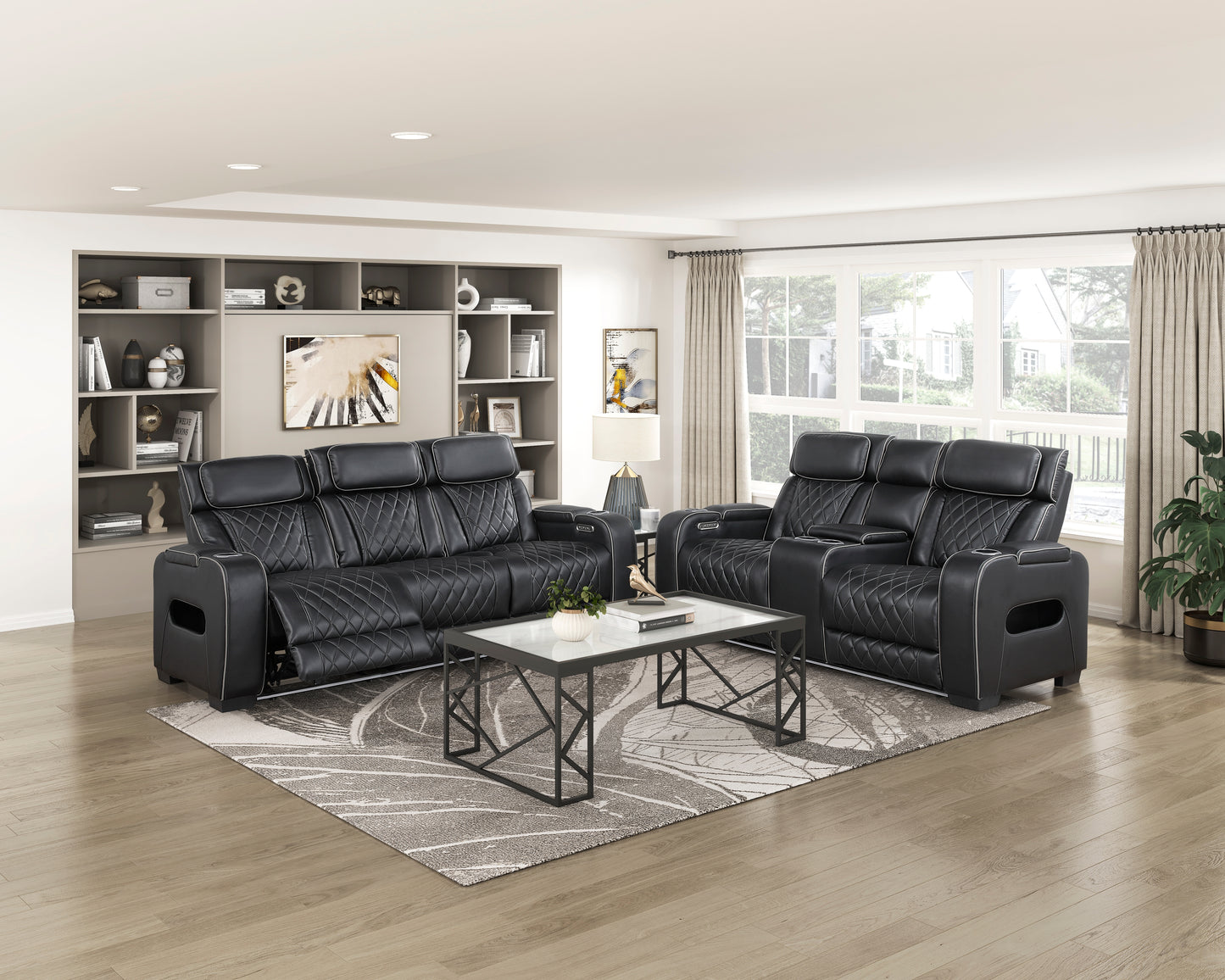 9516BLK-3PWH - Power Double Reclining Sofa with Center Drop-Down Cup Holders, Power Headrests, Storage Arms(Top and Side), Cup holders and Reading Lights, Two Wireless Chargers, Charging Ports and LED Lighting