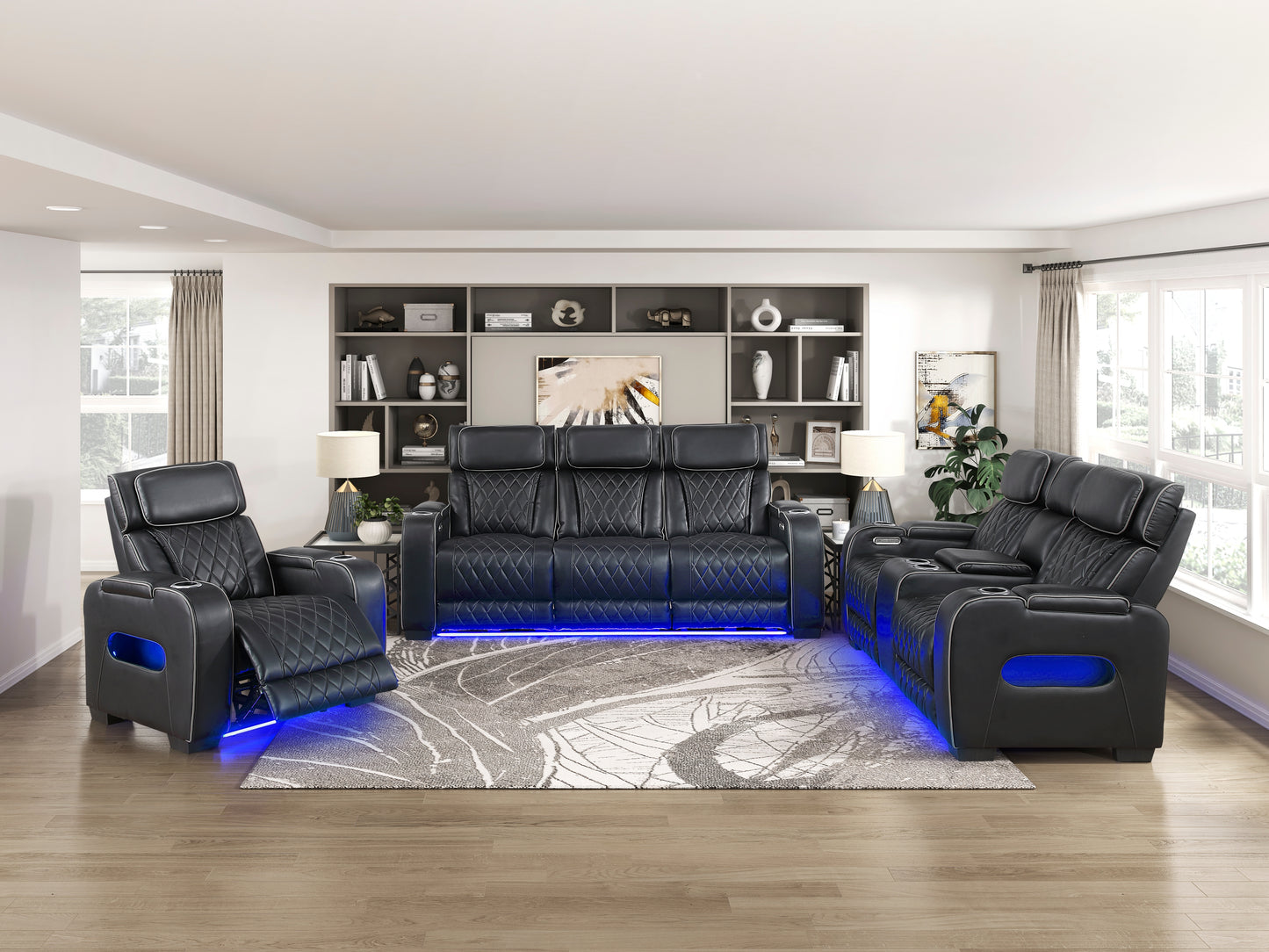 9516BLK-3PWH - Power Double Reclining Sofa with Center Drop-Down Cup Holders, Power Headrests, Storage Arms(Top and Side), Cup holders and Reading Lights, Two Wireless Chargers, Charging Ports and LED Lighting