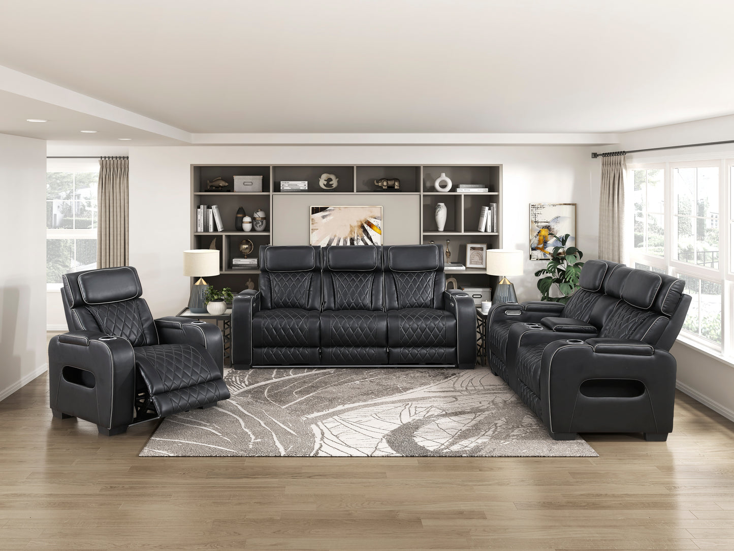 9516BLK-3PWH - Power Double Reclining Sofa with Center Drop-Down Cup Holders, Power Headrests, Storage Arms(Top and Side), Cup holders and Reading Lights, Two Wireless Chargers, Charging Ports and LED Lighting