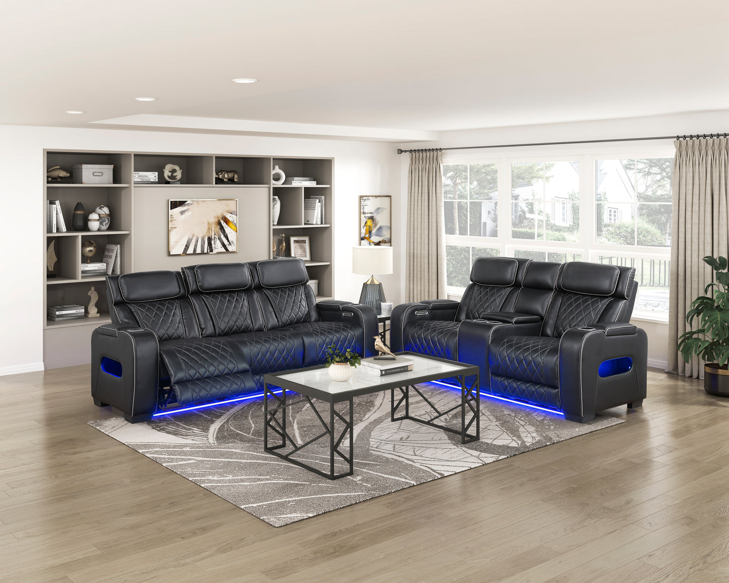 9516BLK-3PWH - Power Double Reclining Sofa with Center Drop-Down Cup Holders, Power Headrests, Storage Arms(Top and Side), Cup holders and Reading Lights, Two Wireless Chargers, Charging Ports and LED Lighting