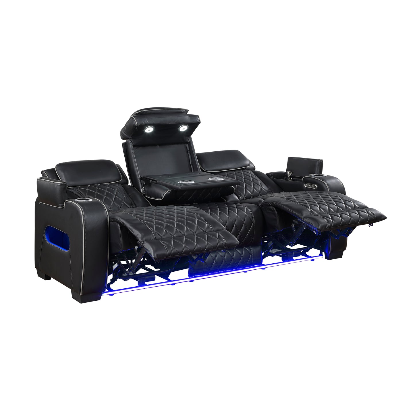 9516BLK-3PWH - Power Double Reclining Sofa with Center Drop-Down Cup Holders, Power Headrests, Storage Arms(Top and Side), Cup holders and Reading Lights, Two Wireless Chargers, Charging Ports and LED Lighting