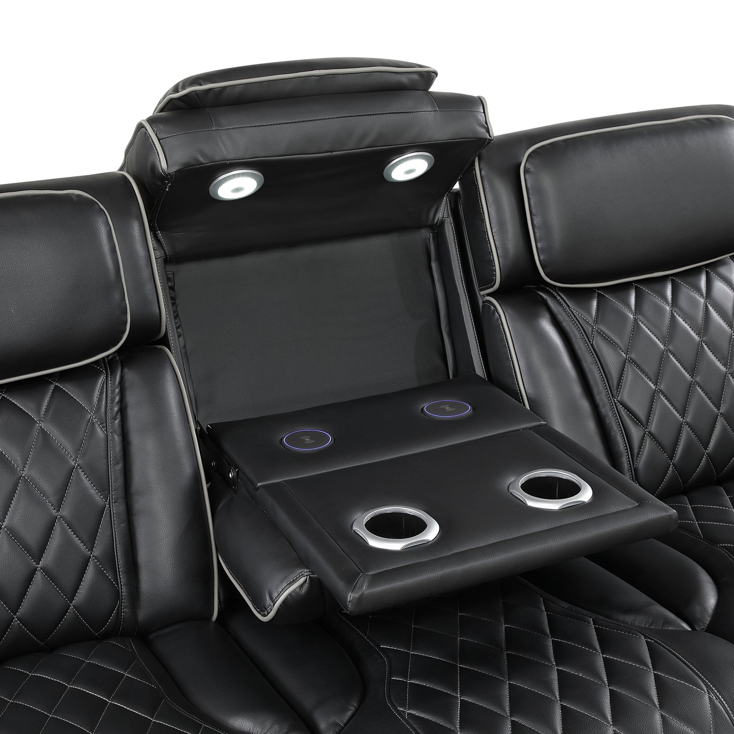 9516BLK-3PWH - Power Double Reclining Sofa with Center Drop-Down Cup Holders, Power Headrests, Storage Arms(Top and Side), Cup holders and Reading Lights, Two Wireless Chargers, Charging Ports and LED Lighting