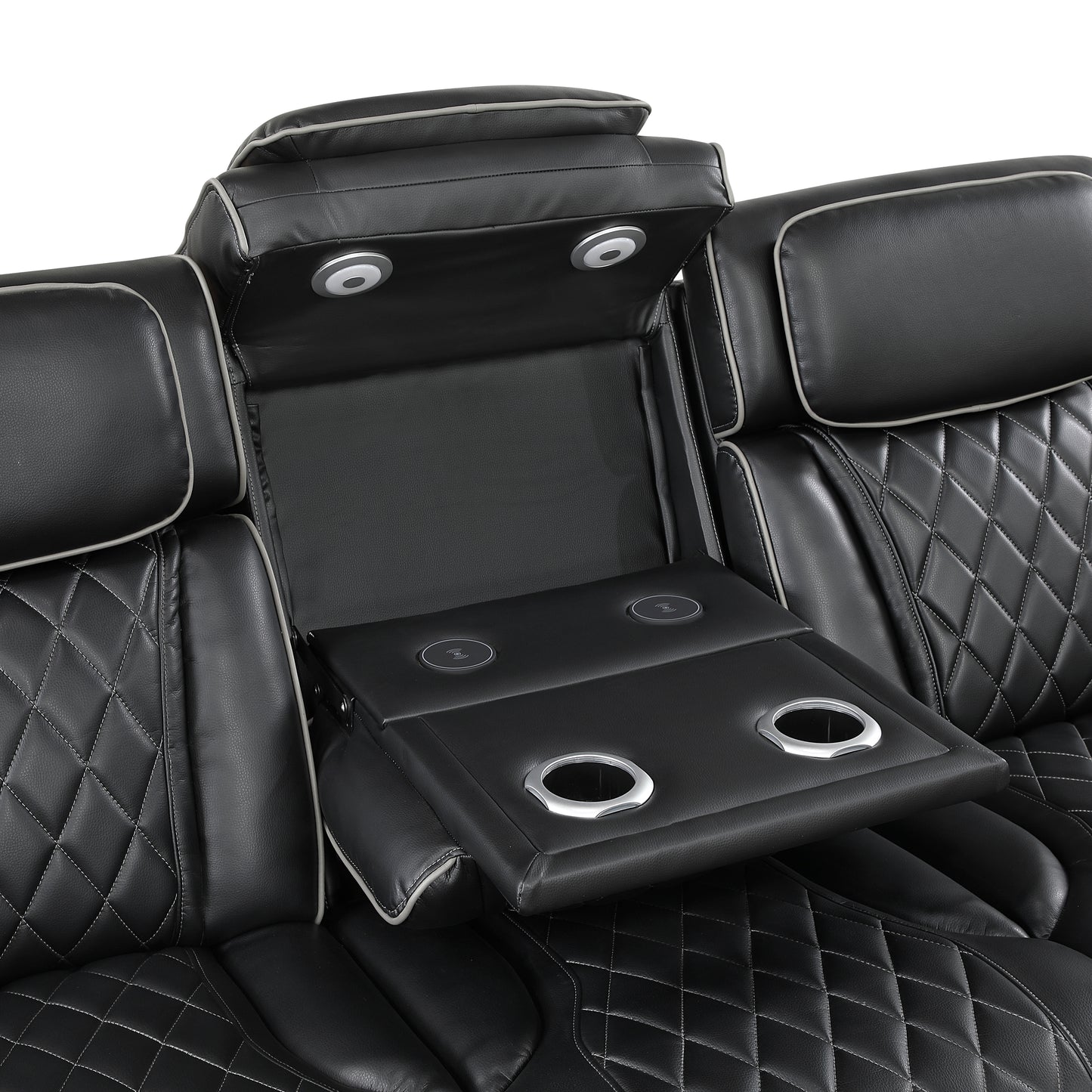 9516BLK-3PWH - Power Double Reclining Sofa with Center Drop-Down Cup Holders, Power Headrests, Storage Arms(Top and Side), Cup holders and Reading Lights, Two Wireless Chargers, Charging Ports and LED Lighting