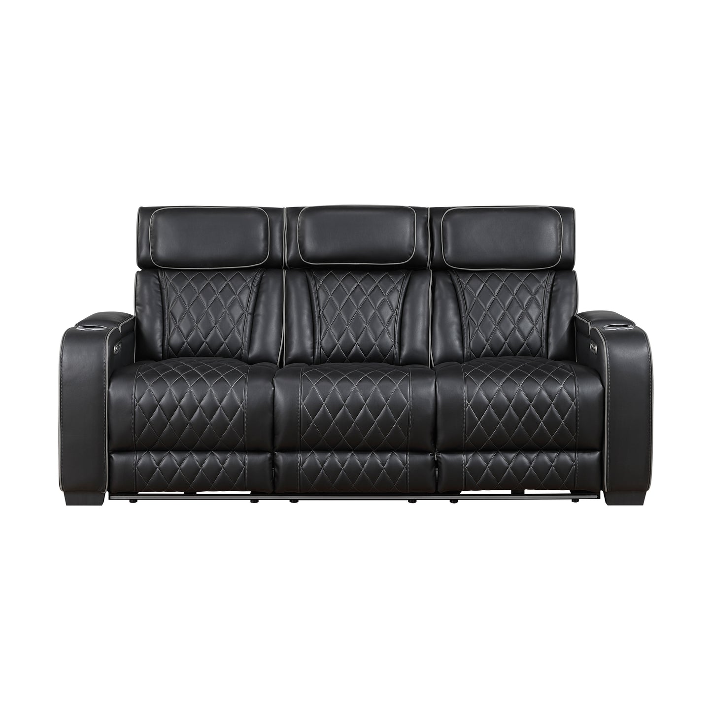 9516BLK-3PWH - Power Double Reclining Sofa with Center Drop-Down Cup Holders, Power Headrests, Storage Arms(Top and Side), Cup holders and Reading Lights, Two Wireless Chargers, Charging Ports and LED Lighting