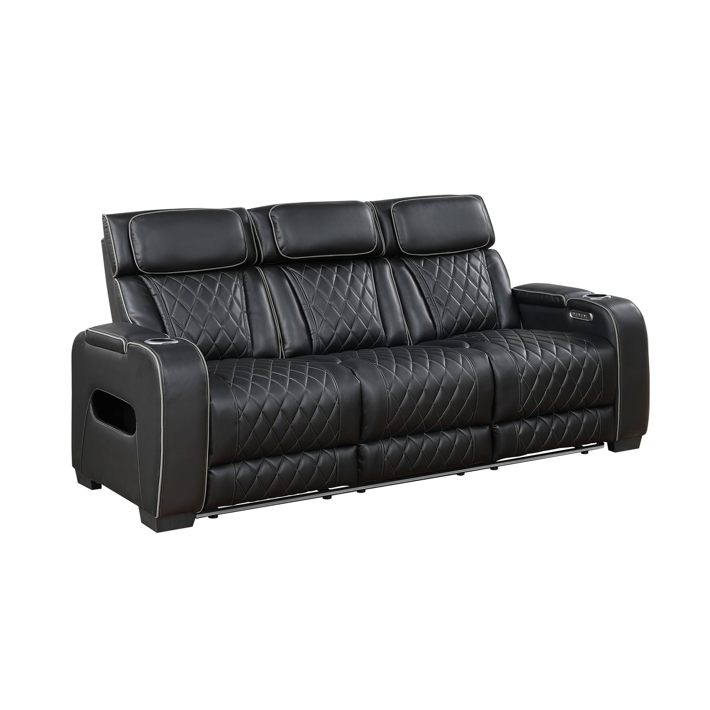 9516BLK-3PWH - Power Double Reclining Sofa with Center Drop-Down Cup Holders, Power Headrests, Storage Arms(Top and Side), Cup holders and Reading Lights, Two Wireless Chargers, Charging Ports and LED Lighting