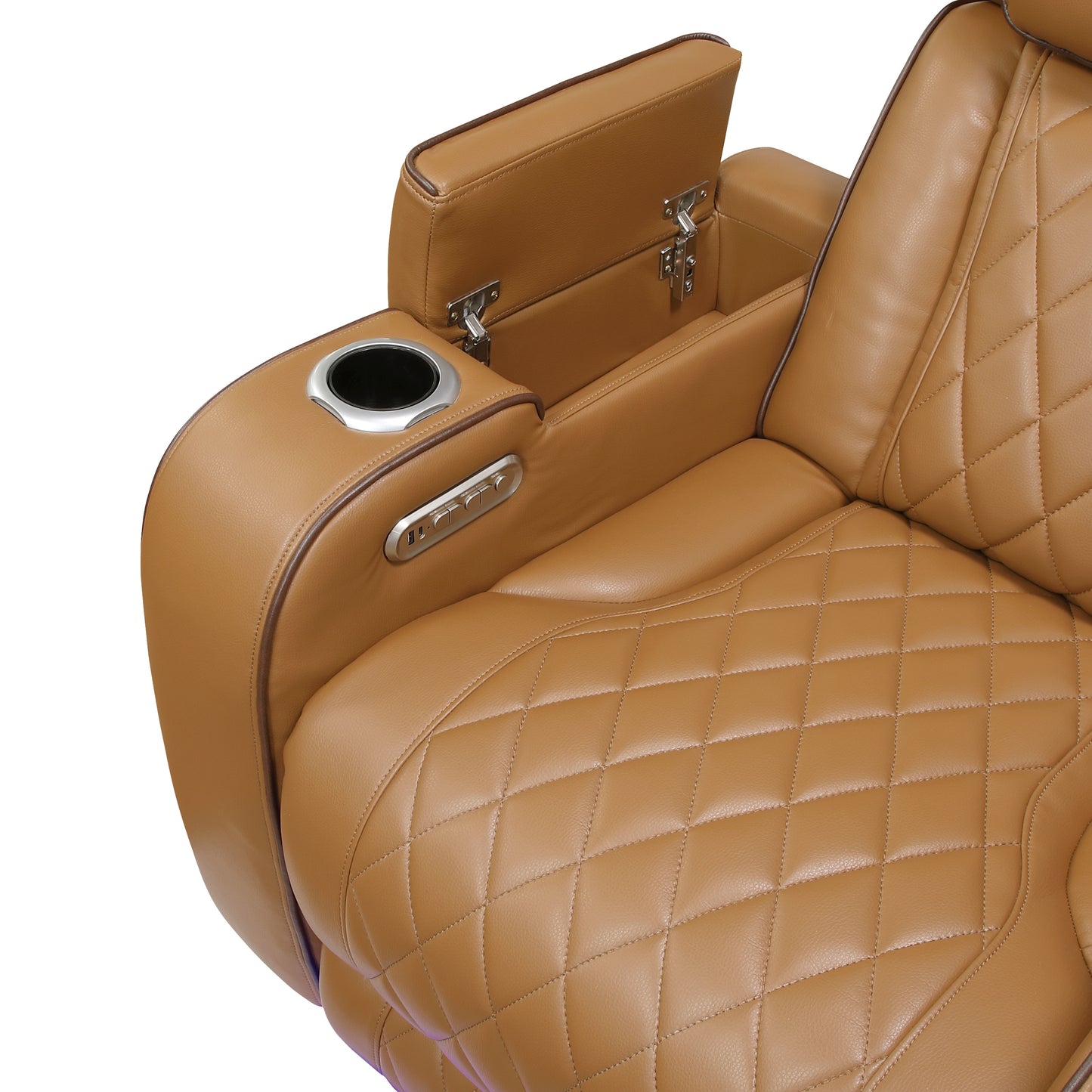 9516BRW-3PWH - Power Double Reclining Sofa with Center Drop-Down Cup Holders, Power Headrests, Storage Arms(Top and Side), Cup holders and Reading Lights, Two Wireless Chargers, Charging Ports and LED Lighting
