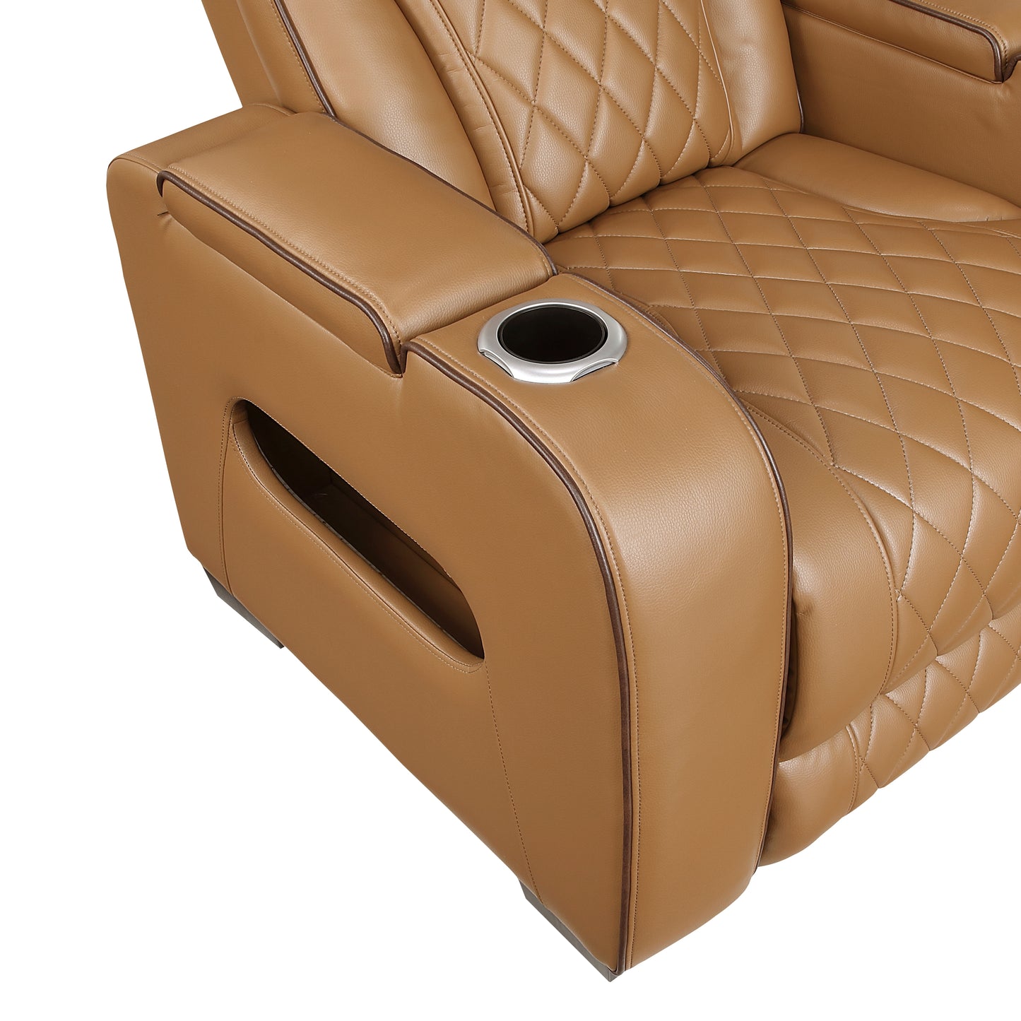 9516BRW-3PWH - Power Double Reclining Sofa with Center Drop-Down Cup Holders, Power Headrests, Storage Arms(Top and Side), Cup holders and Reading Lights, Two Wireless Chargers, Charging Ports and LED Lighting