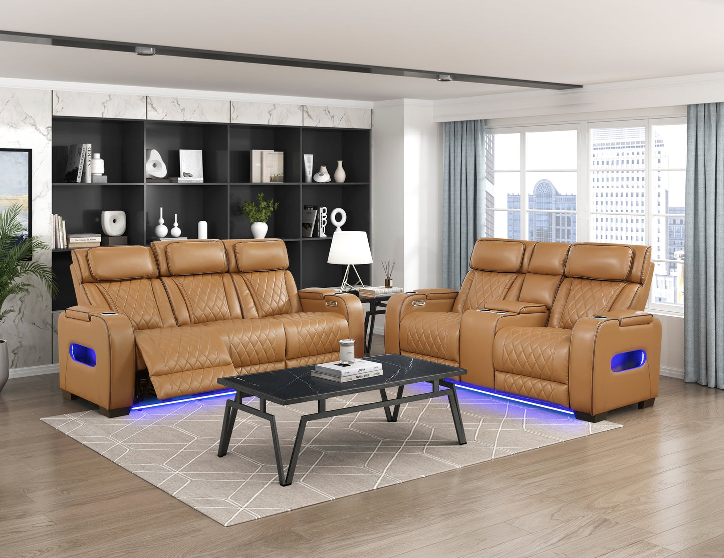 9516BRW-3PWH - Power Double Reclining Sofa with Center Drop-Down Cup Holders, Power Headrests, Storage Arms(Top and Side), Cup holders and Reading Lights, Two Wireless Chargers, Charging Ports and LED Lighting