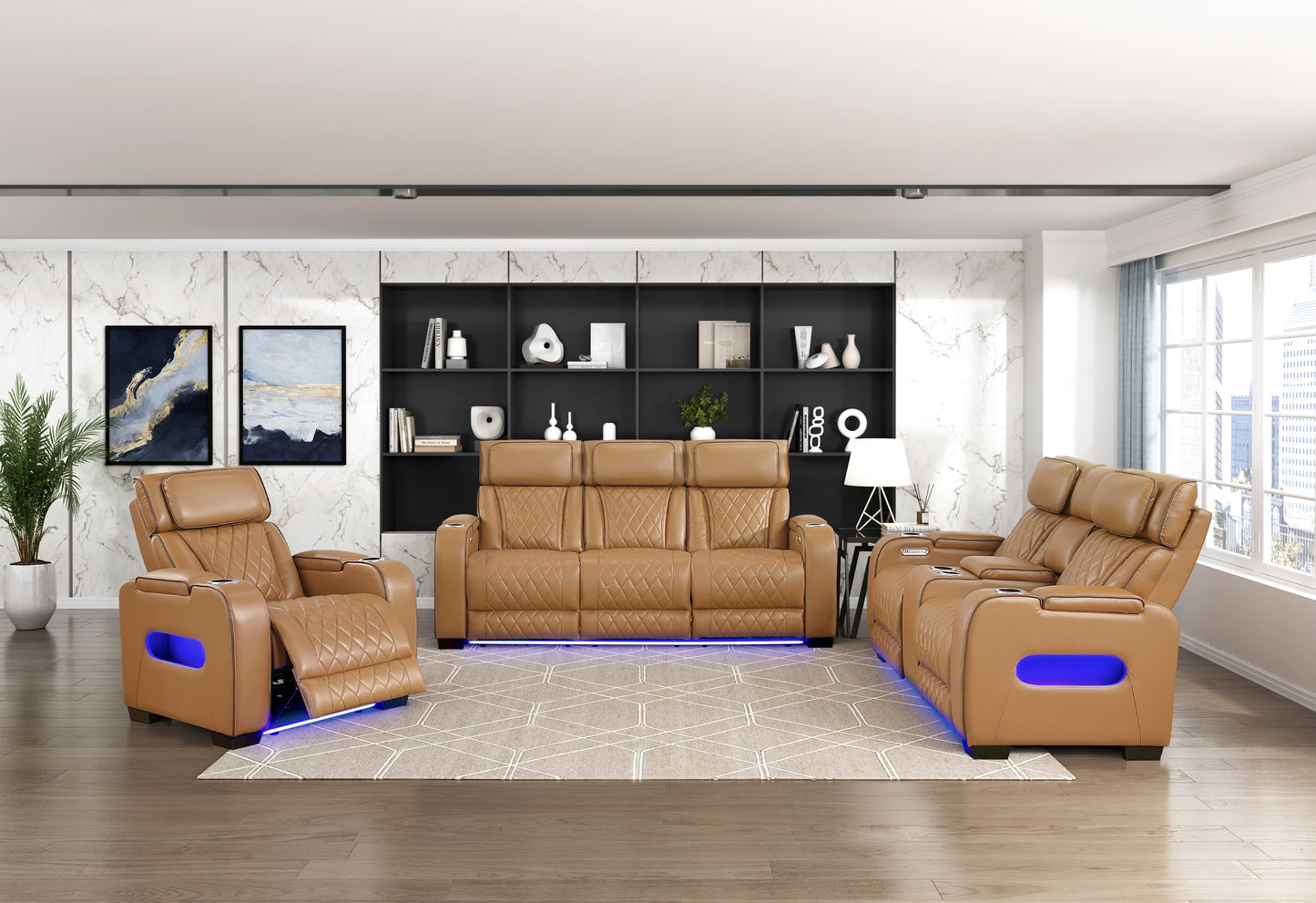9516BRW-3PWH - Power Double Reclining Sofa with Center Drop-Down Cup Holders, Power Headrests, Storage Arms(Top and Side), Cup holders and Reading Lights, Two Wireless Chargers, Charging Ports and LED Lighting