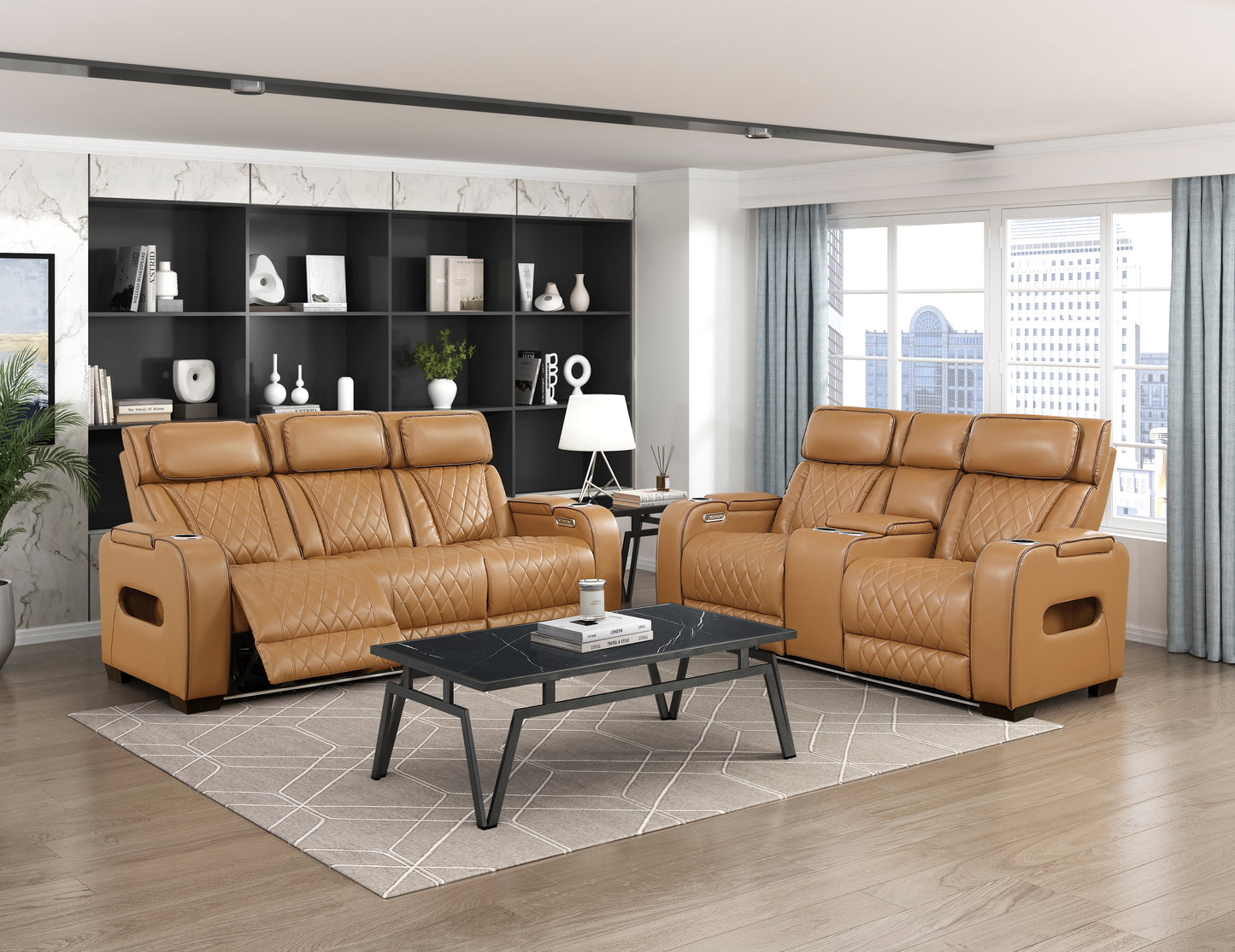 9516BRW-3PWH - Power Double Reclining Sofa with Center Drop-Down Cup Holders, Power Headrests, Storage Arms(Top and Side), Cup holders and Reading Lights, Two Wireless Chargers, Charging Ports and LED Lighting