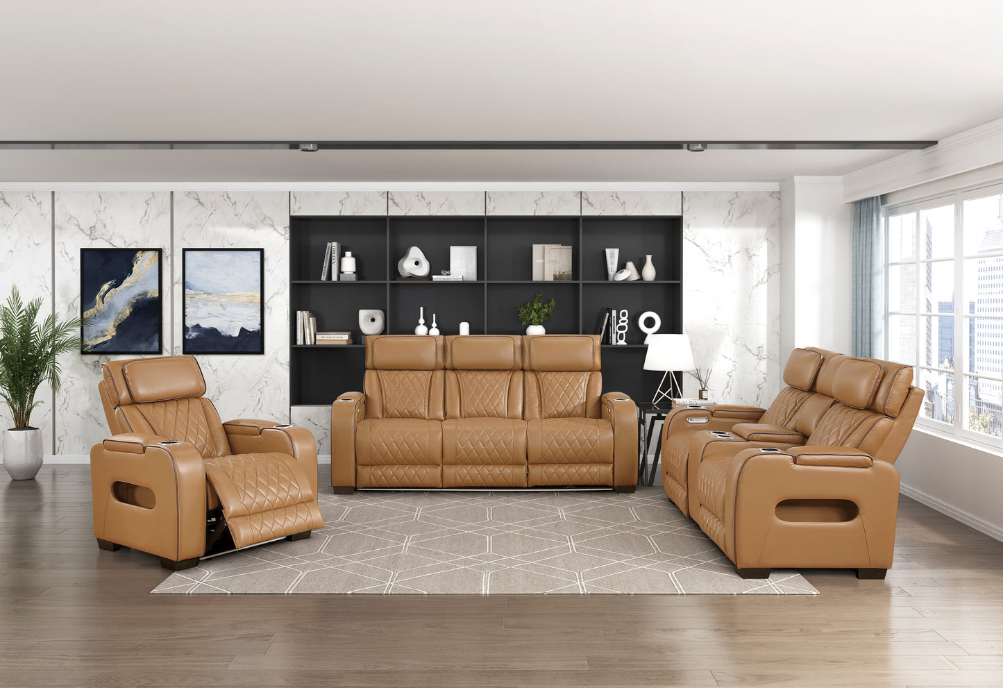 9516BRW-3PWH - Power Double Reclining Sofa with Center Drop-Down Cup Holders, Power Headrests, Storage Arms(Top and Side), Cup holders and Reading Lights, Two Wireless Chargers, Charging Ports and LED Lighting