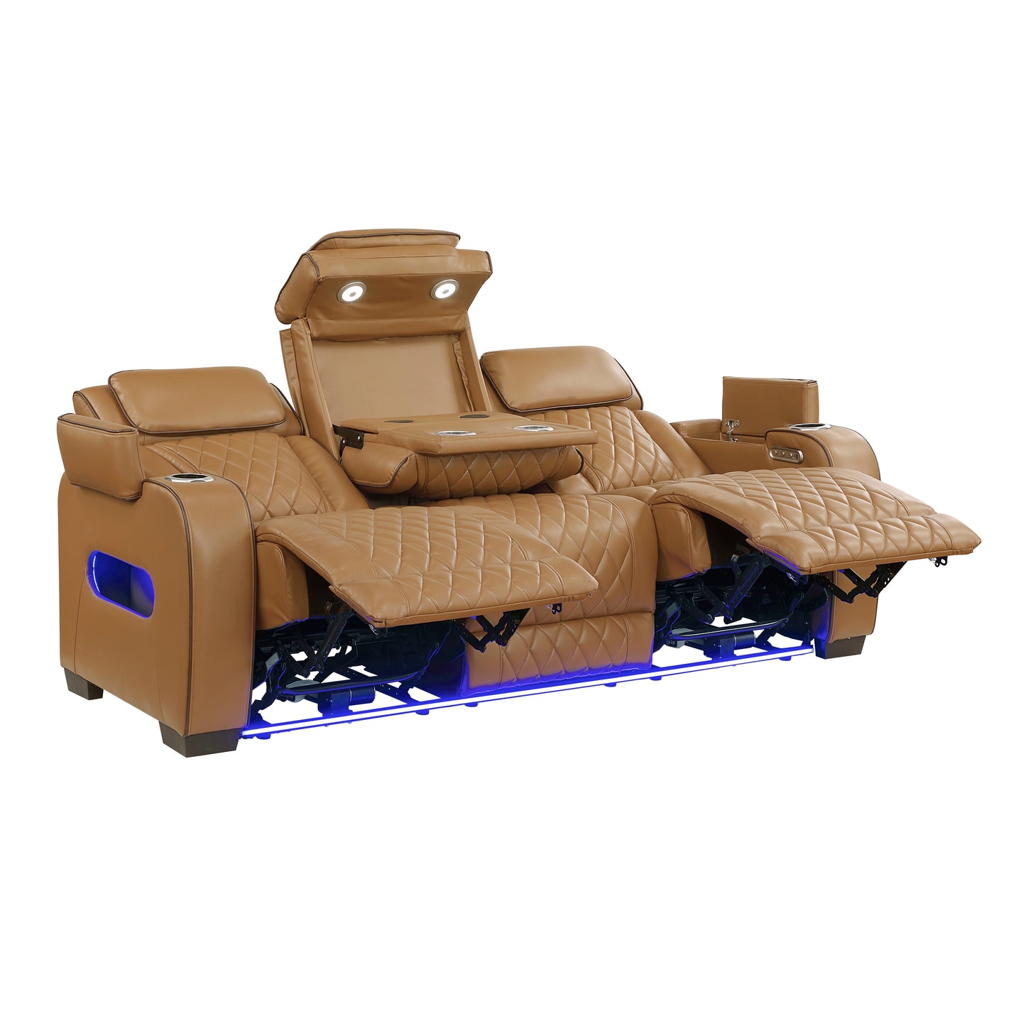 9516BRW-3PWH - Power Double Reclining Sofa with Center Drop-Down Cup Holders, Power Headrests, Storage Arms(Top and Side), Cup holders and Reading Lights, Two Wireless Chargers, Charging Ports and LED Lighting