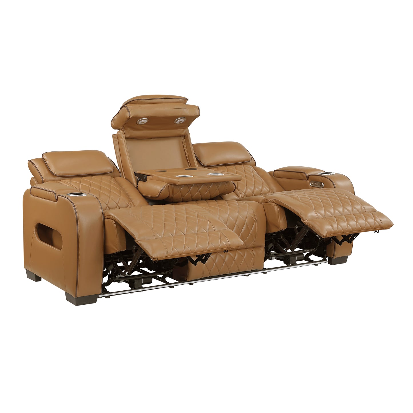 9516BRW-3PWH - Power Double Reclining Sofa with Center Drop-Down Cup Holders, Power Headrests, Storage Arms(Top and Side), Cup holders and Reading Lights, Two Wireless Chargers, Charging Ports and LED Lighting